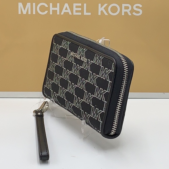 Michael Kors Jet Set Travel Large Phone Case Wristlet Wallet Black Glitter Multi - Picture 3 of 12